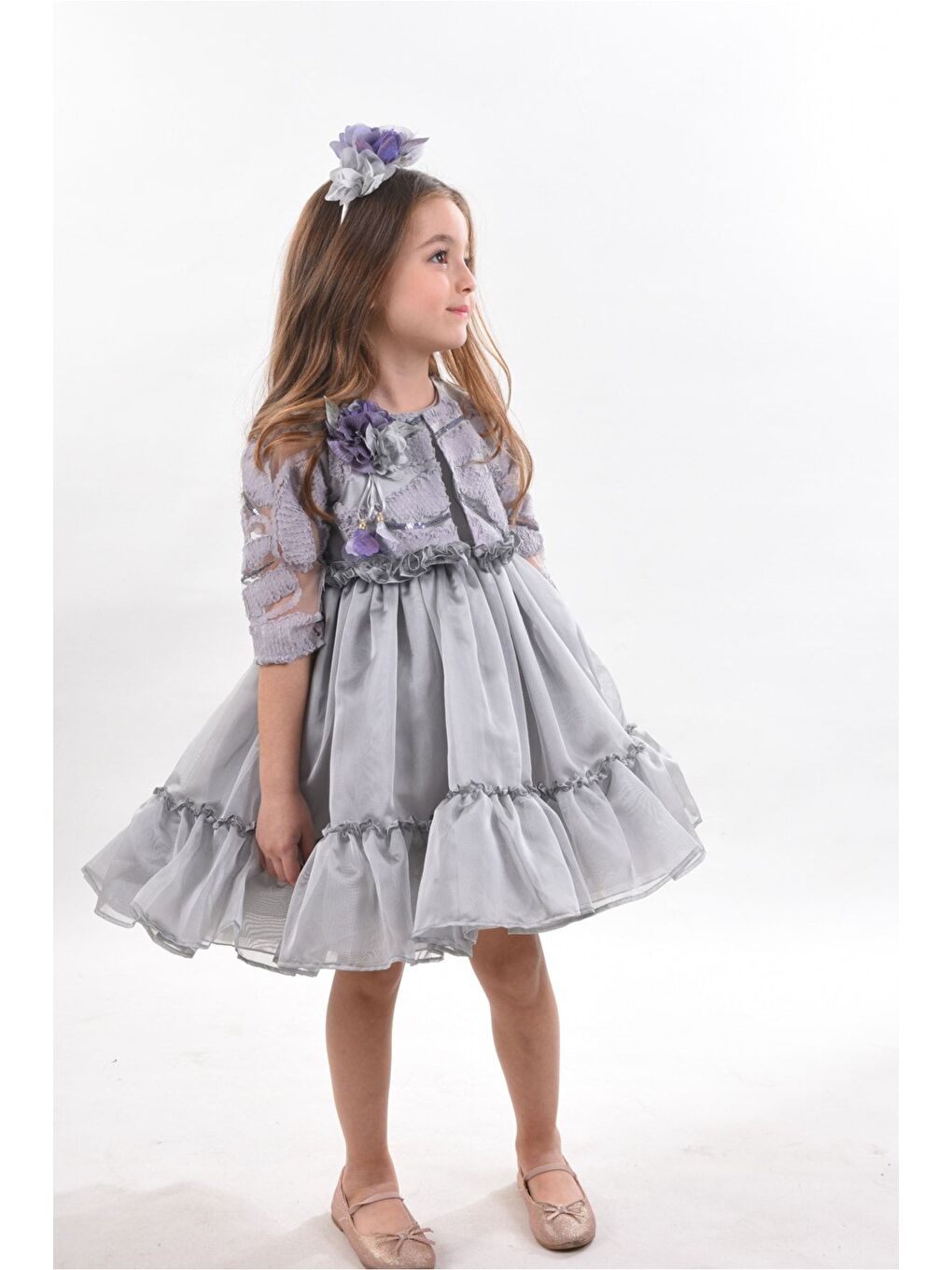 Gri Özel Tasarım Kız Çocuk Kısa Elbise, Doğum Günü Elbisesi, Çanta Aksesuarlı Abiye Elbise_M2330-5