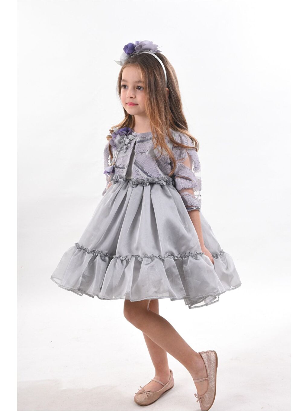 Gri Özel Tasarım Kız Çocuk Kısa Elbise, Doğum Günü Elbisesi, Çanta Aksesuarlı Abiye Elbise_M2330-6