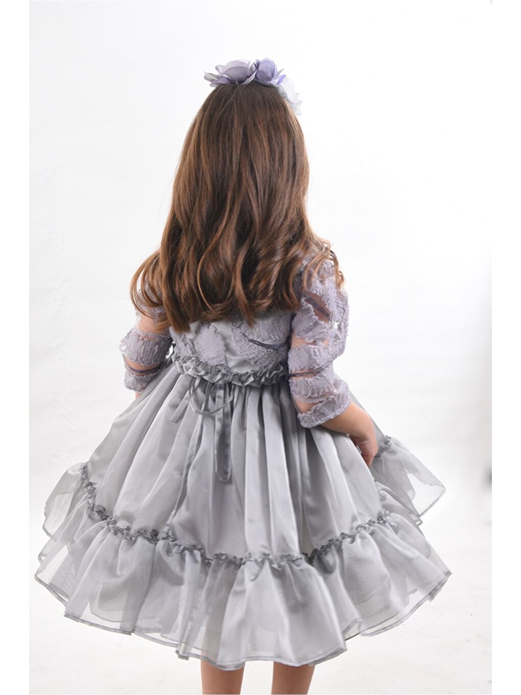 Gri Özel Tasarım Kız Çocuk Kısa Elbise, Doğum Günü Elbisesi, Çanta Aksesuarlı Abiye Elbise_M2330-7