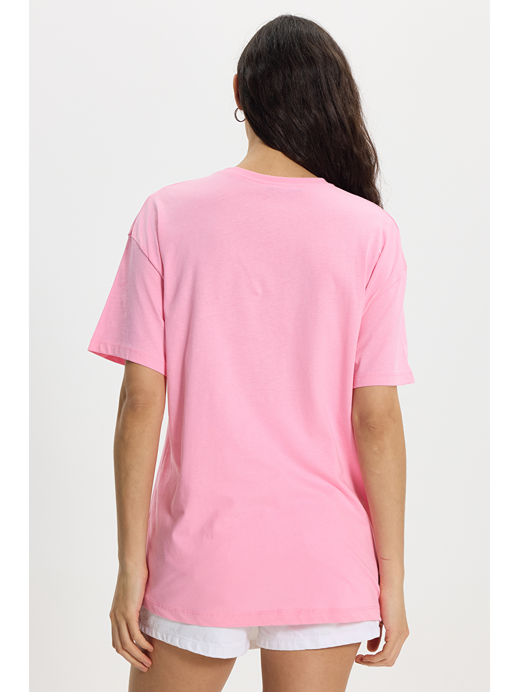 Kadın Slim Fit Dar Kesim %100 Pamuk Kısa Kollu Bisiklet Yaka Pembe Tişört-5