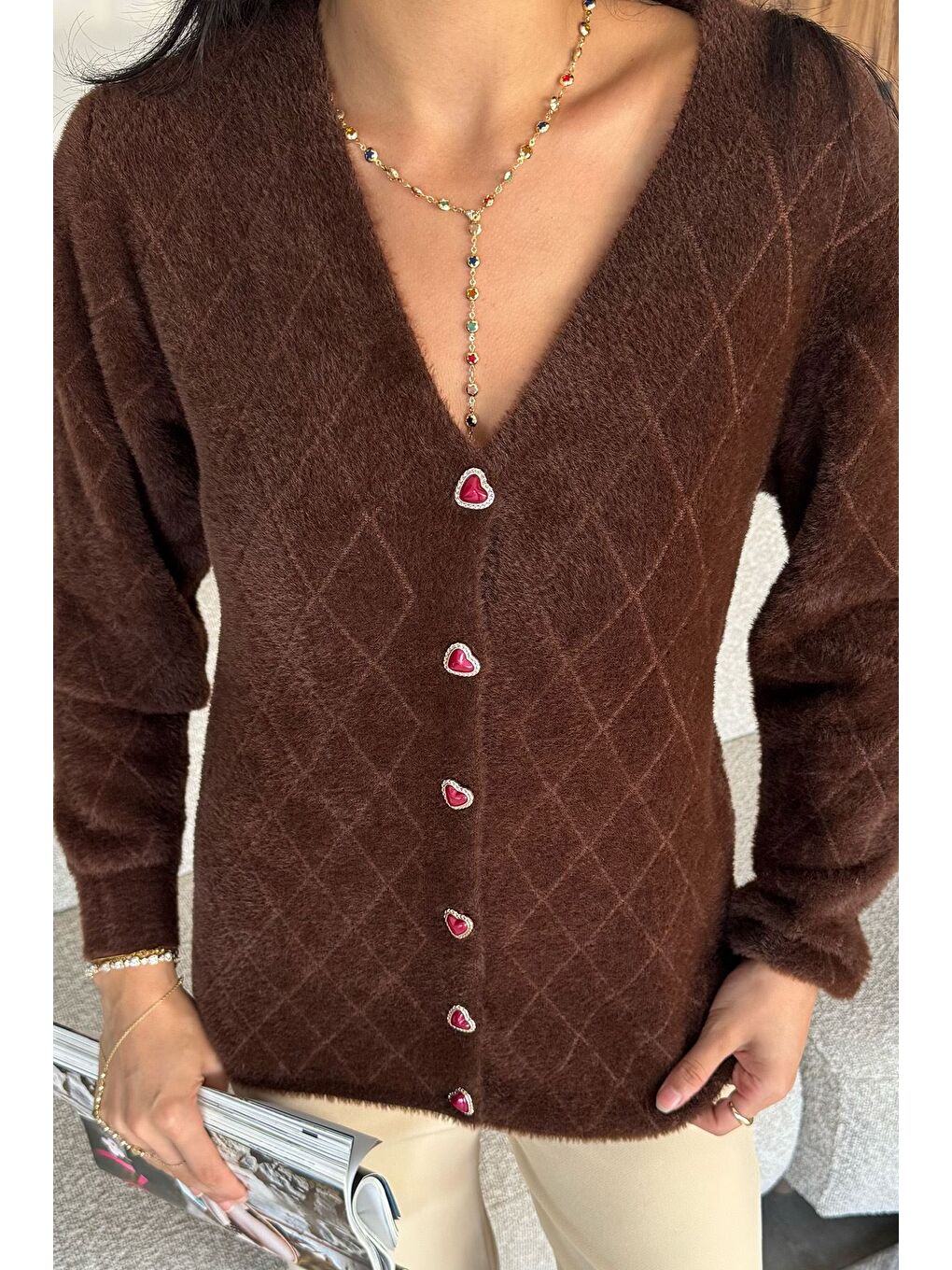 Kahverengi Kadın Yumoş İplik Sakallı Triko Hırka (s-m-l-xl Uyumludur)-3