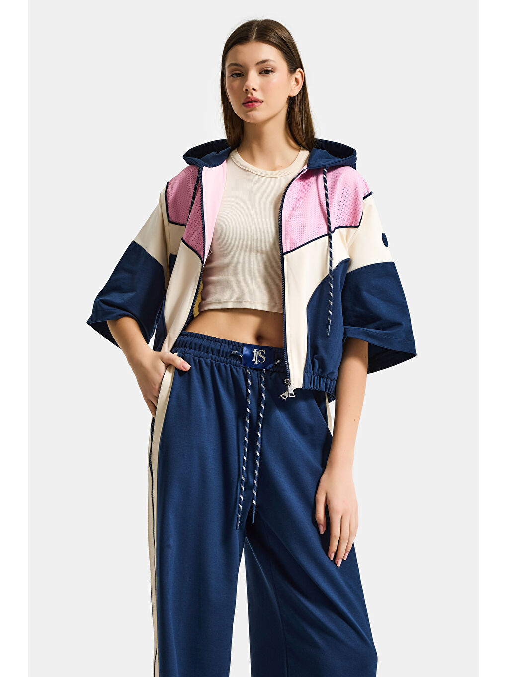 Kadın Lacivert Ekru s6-56 Kapüşonlu Sweatshirt Yürüyüş Efofman Pantolon 2'li Tasarım Takım-4