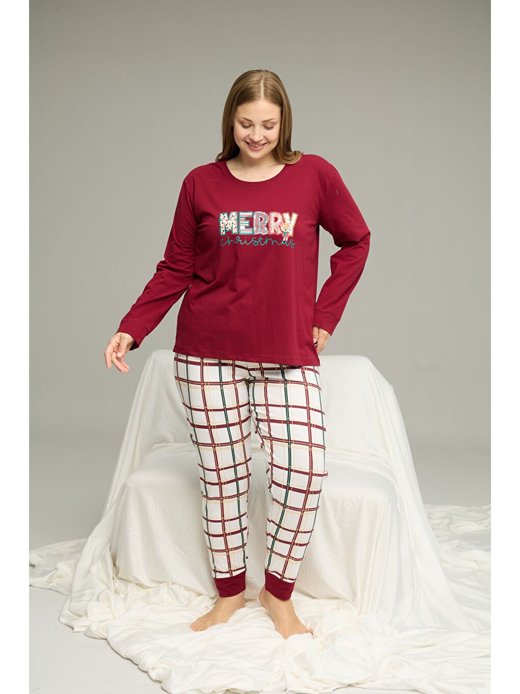 Bordo Desenli Curve Büyük Beden Battal Boy Pamuklu Pijama Takım25240858-1