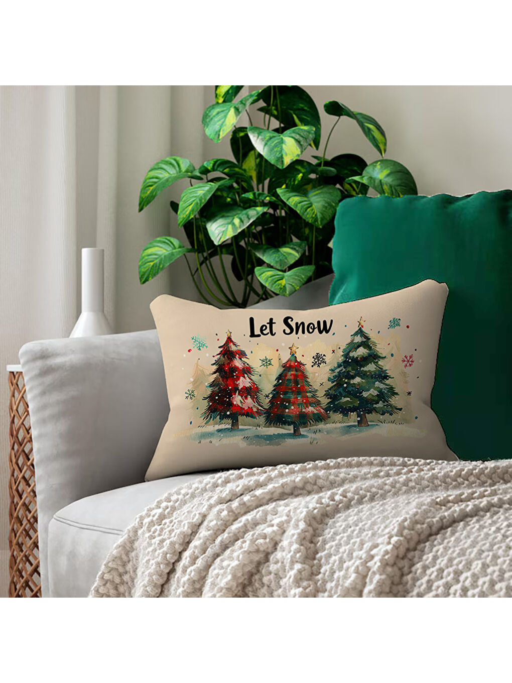 Karışık Yılbaşı Desenli Çift Taraf Baskılı Kadife Kırlent Kılıfı - 35x55 cm | Yumuşak Dokunuş,Özel Tasarım