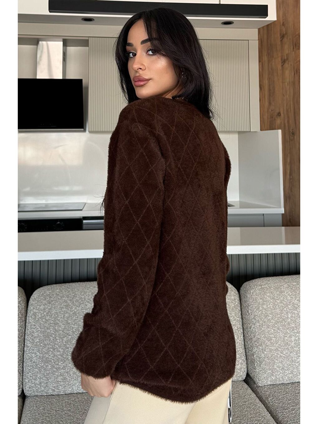 Kahverengi Kadın Yumoş İplik Sakallı Triko Hırka (s-m-l-xl Uyumludur)-4