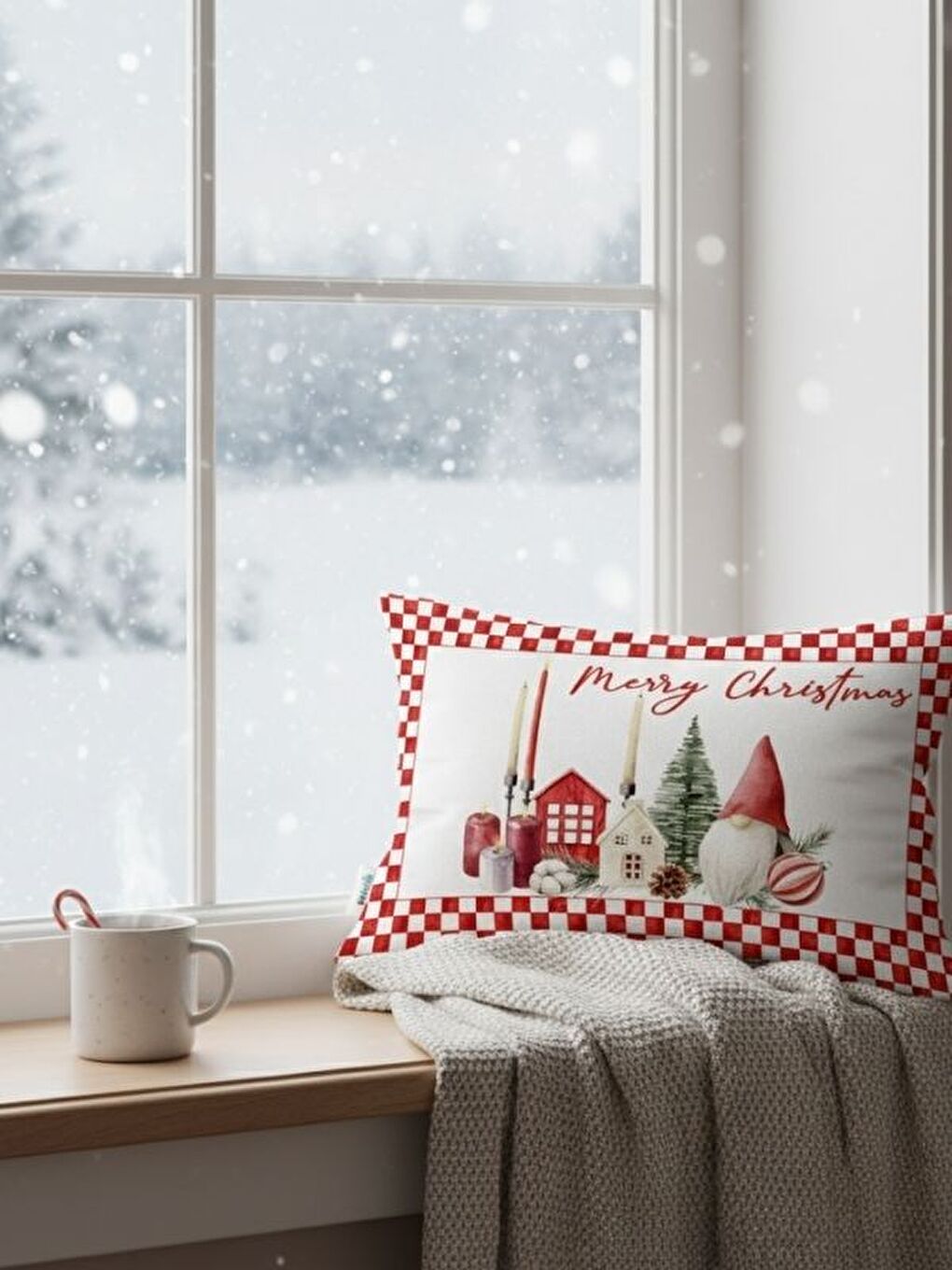 Kırmızı Ev Ve Cüce Desen Kadife Dikdörtgen Kırlent Kılıfı 35x55 cm Çift Taraf Baskılı Fermuarlı-2