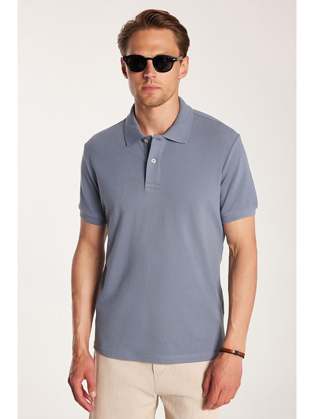 Gri Erkek Slim Fit Dar Kesim %100 Pamuk Füme Polo Yaka Tişört-3