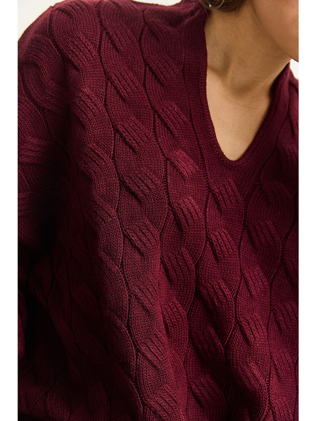 Bordo Kadın Oval Yaka Saç Örgü Oversize Triko Kazak TK-6