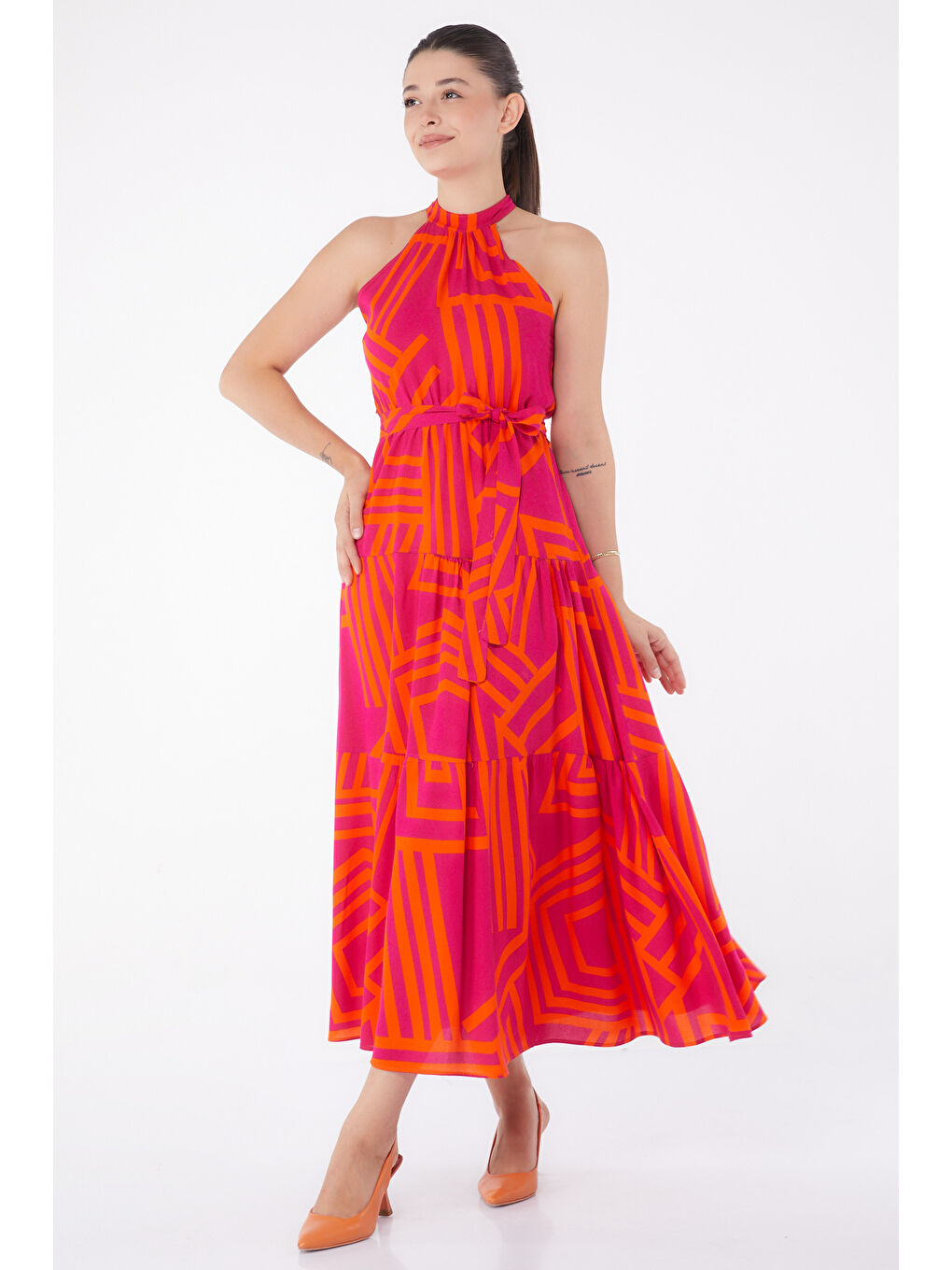 Fuşya Desenli Reglan Kol Elbise Fusya - 13265