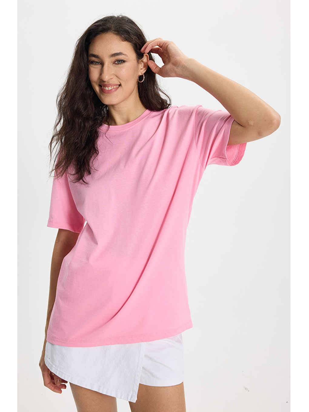 Kadın Slim Fit Dar Kesim %100 Pamuk Kısa Kollu Bisiklet Yaka Pembe Tişört-6