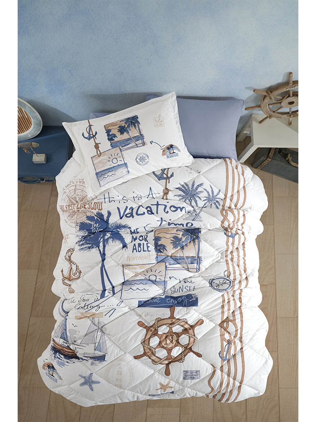 Mavi Ranforce %100 Pamuk Tek Kişilik Uyku Seti Hawaii