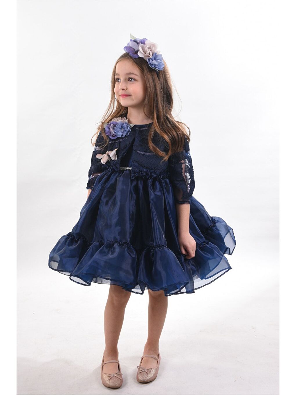 Lacivert Özel Tasarım Kız Çocuk Kısa Elbise, Doğum Günü Elbisesi, Çanta Aksesuarlı Abiye Elbise_M2330-1