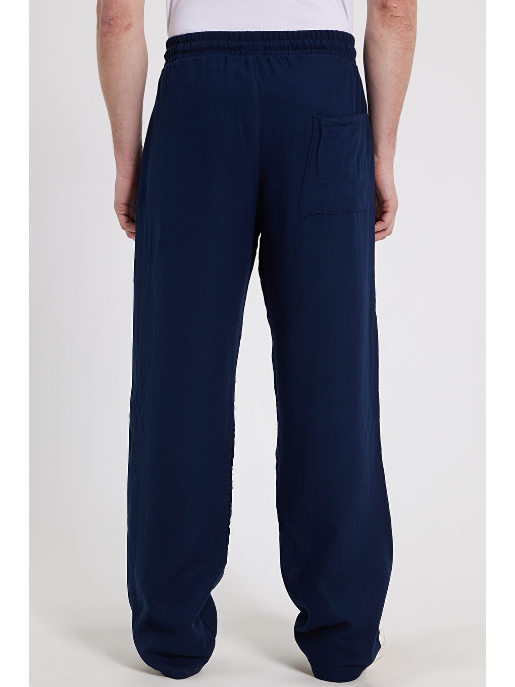 Erkek Baggy Fit Geniş Kesim %100 Pamuk Beli Lastikli Yandan Cepli Müslin Lacivert Düz Pantolon-5