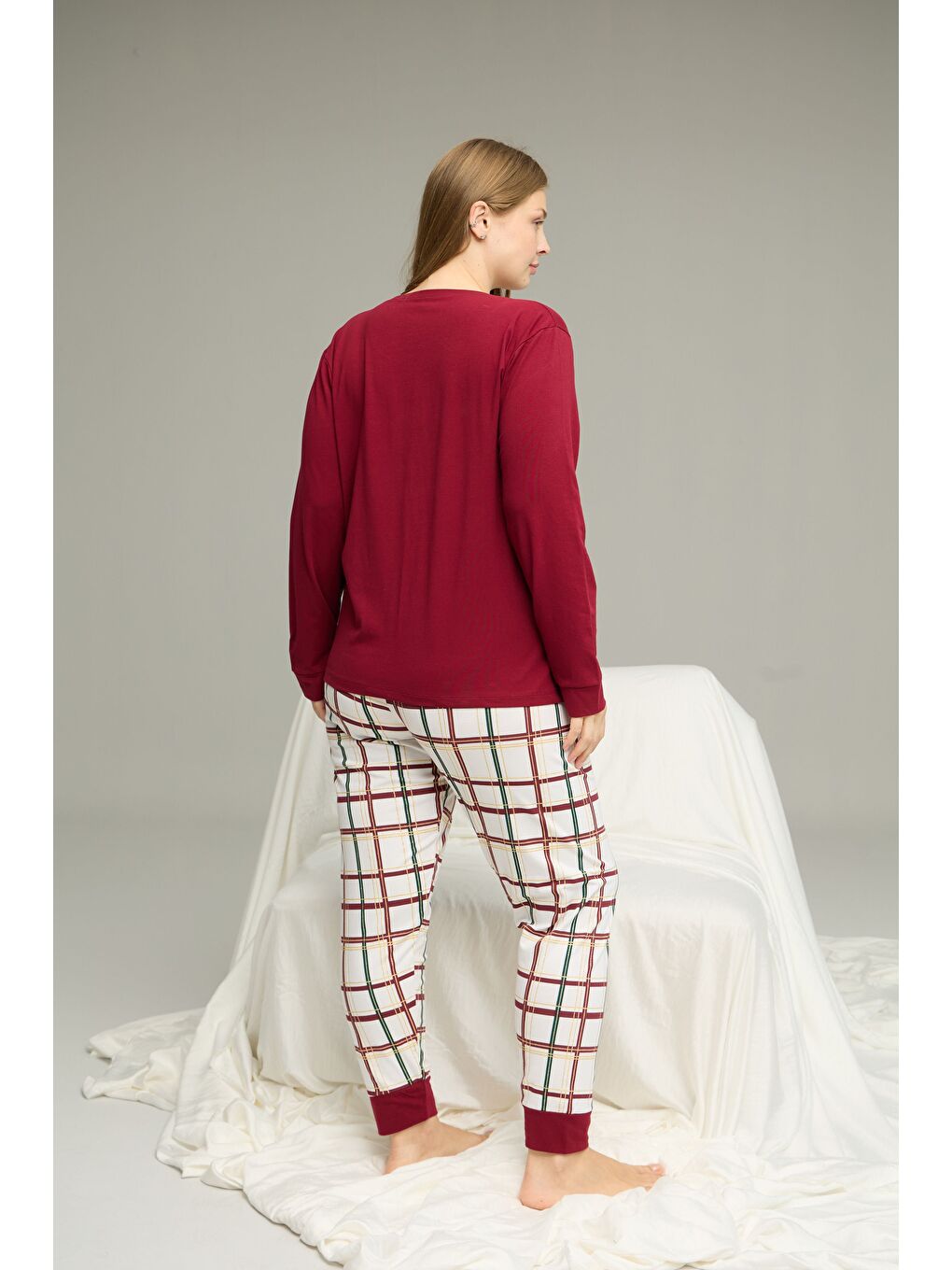 Bordo Desenli Curve Büyük Beden Battal Boy Pamuklu Pijama Takım25240858-2