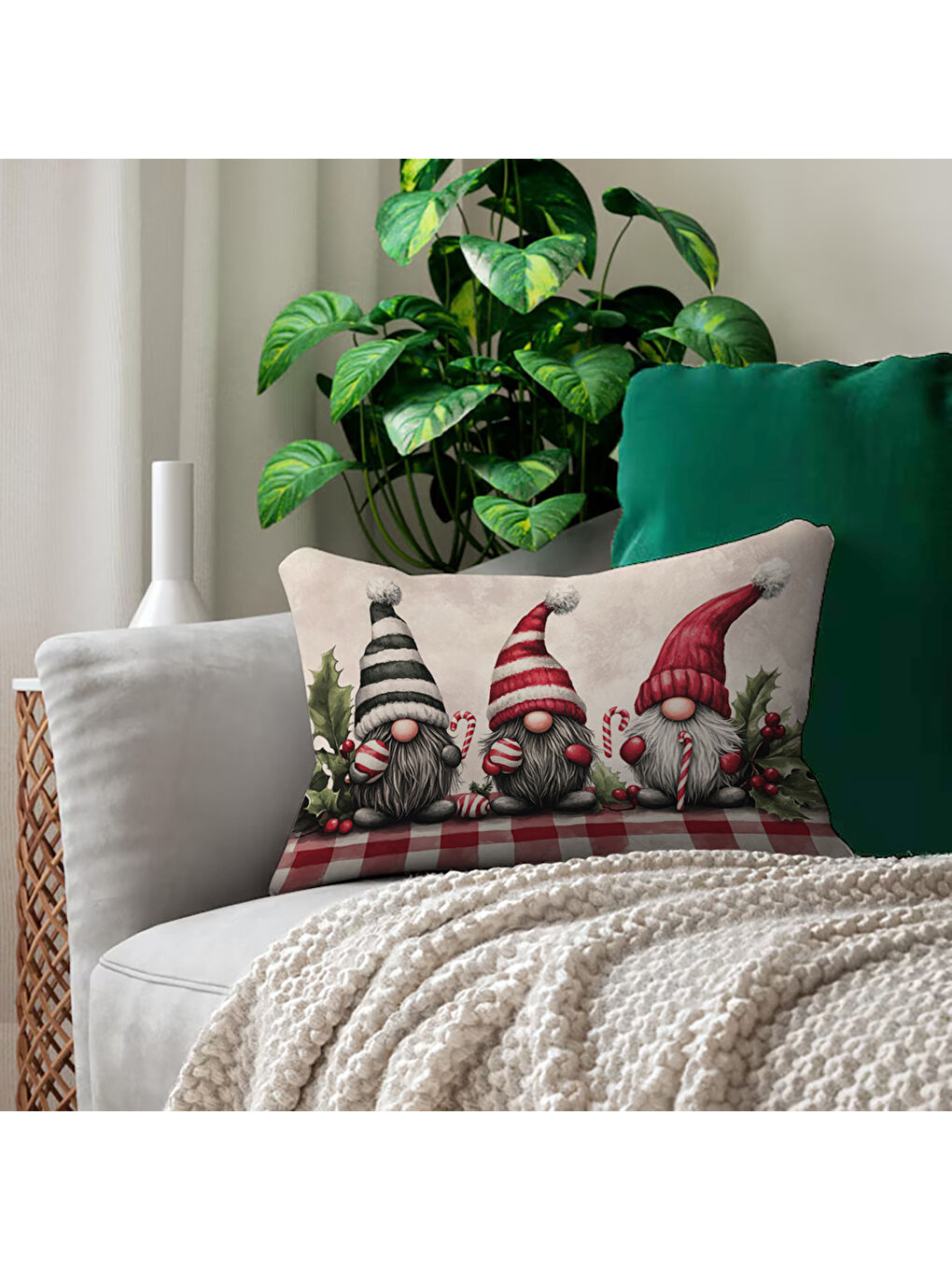 Karışık Yılbaşı Desenli Çift Taraf Baskılı Kadife Kırlent Kılıfı - 35x55 cm | Yumuşak Dokunuş,Özel Tasarım