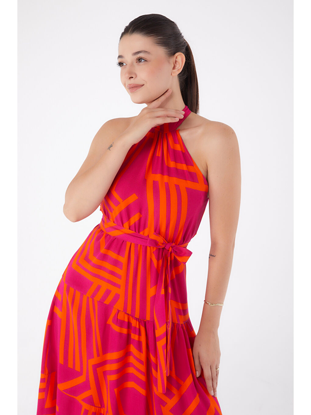 Fuşya Desenli Reglan Kol Elbise Fusya - 13265-1