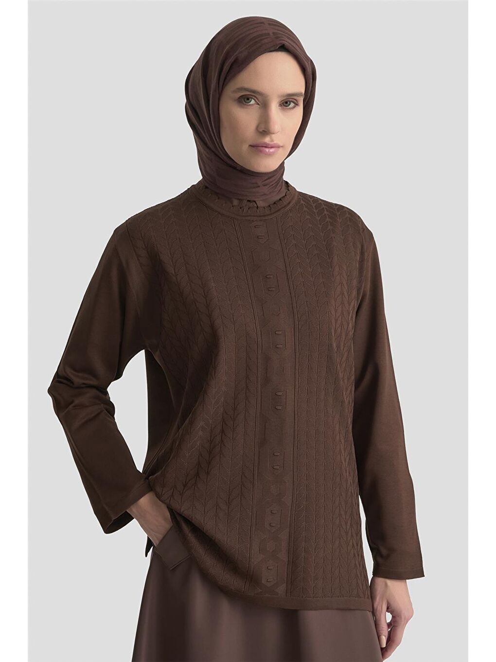 Örgü Desenli Kazak 25Kd7004 Kahverengi-2