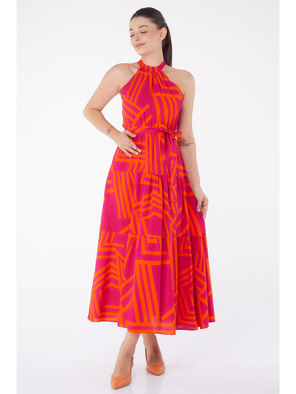 Fuşya Desenli Reglan Kol Elbise Fusya - 13265-2