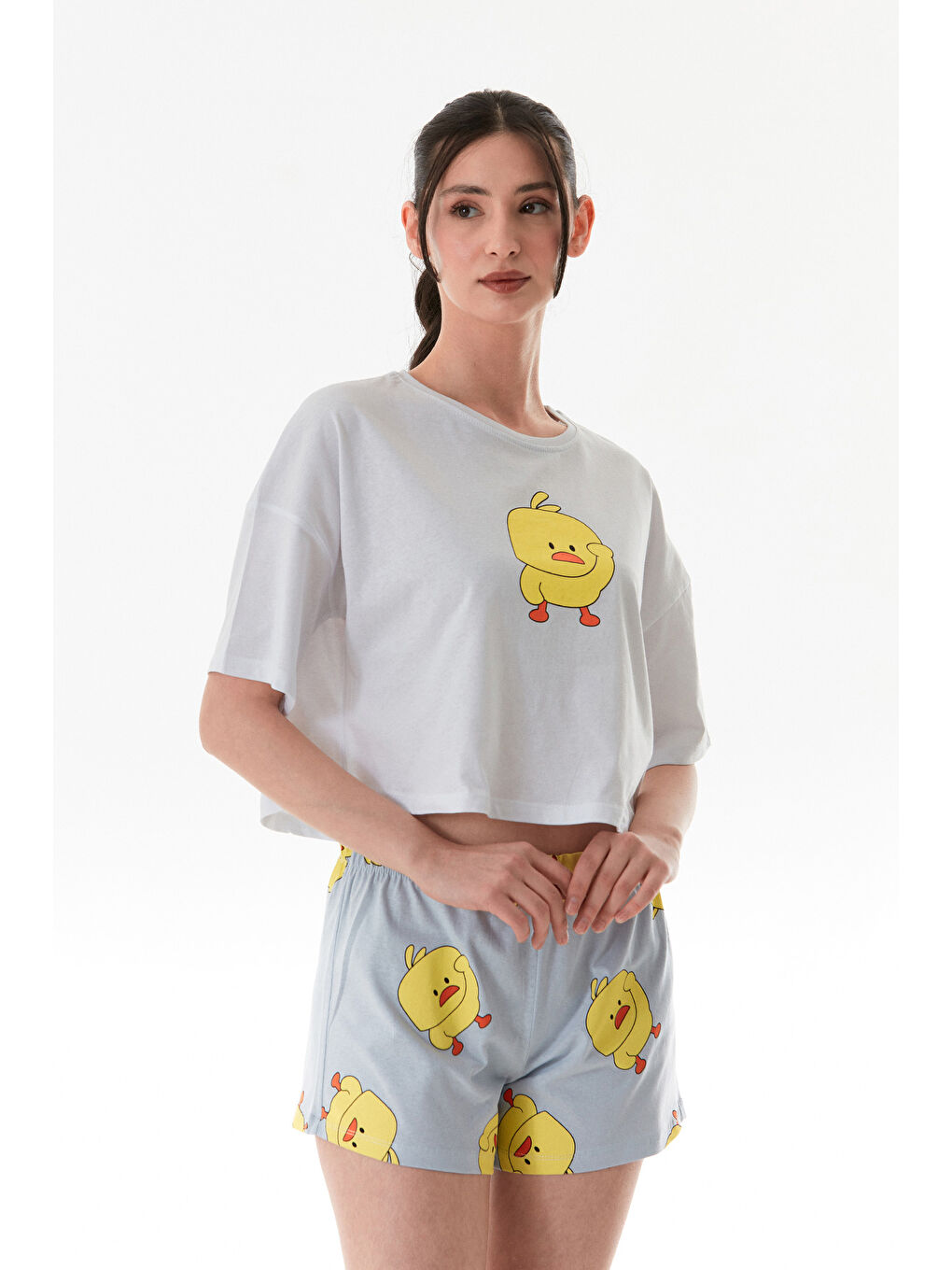 Gri Civciv Baskılı Şortlu Oversize Pijama Takımı-2