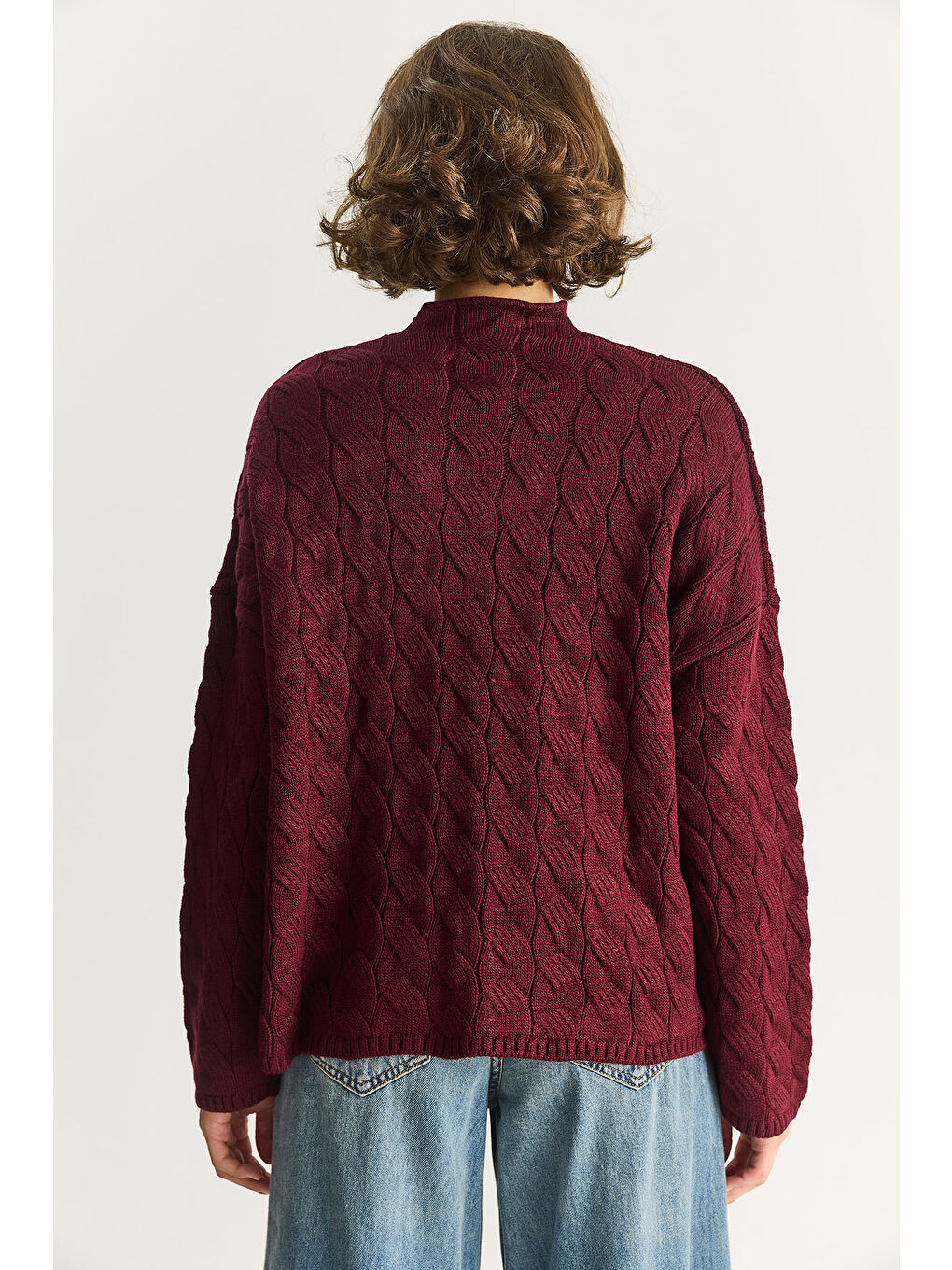 Bordo Kadın Oval Yaka Saç Örgü Oversize Triko Kazak TK-7