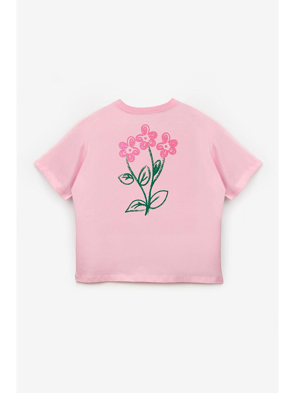 Pembe Çiçek Baskılı Kız Çocuk Tişört-2