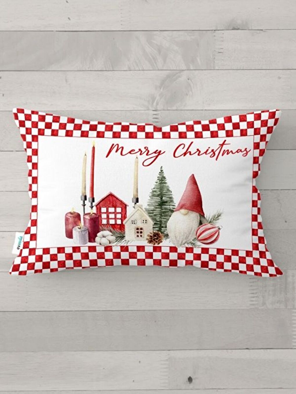 Kırmızı Ev Ve Cüce Desen Kadife Dikdörtgen Kırlent Kılıfı 35x55 cm Çift Taraf Baskılı Fermuarlı-4