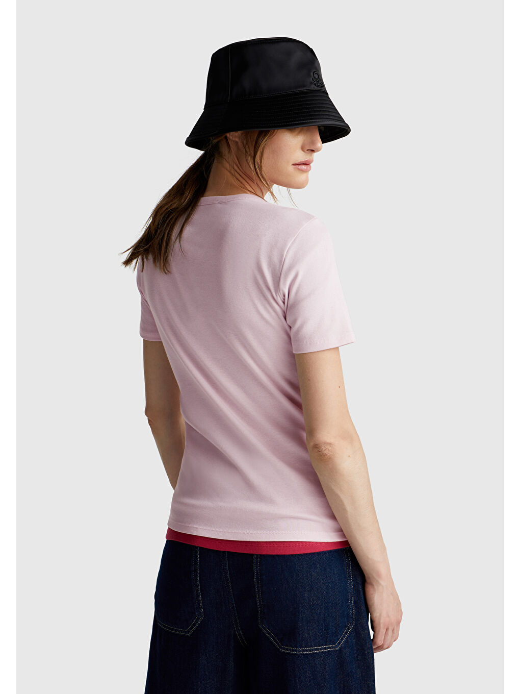 Kadın Açık Pembe %100 Pamuk Benetton Yazılı Basic T-Shirt-2