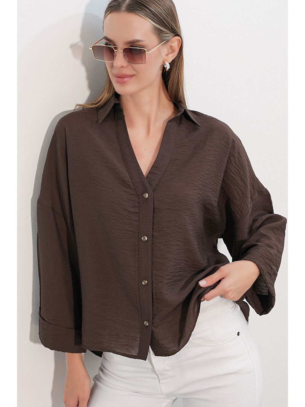 Kadın Geniş Kol Oversize Gömlek 20401 - Kahverengi-3