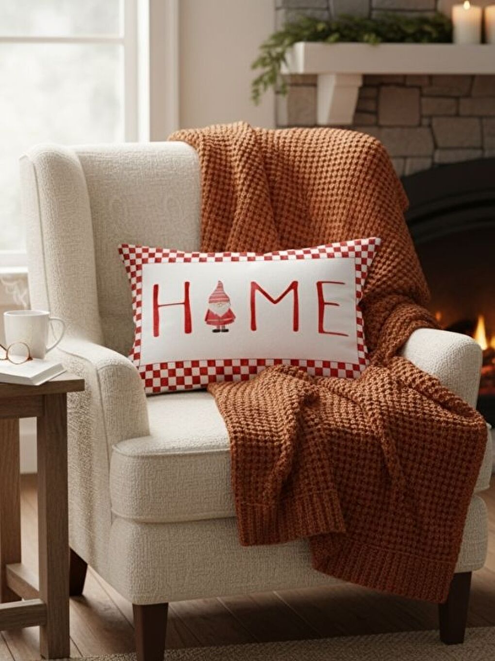 Kırmızı Home Desen Yılbaşı Kadife Dikdörtgen Kırlent Kılıfı 35x55 cm Çift Taraf Baskılı Fermuarlı-1