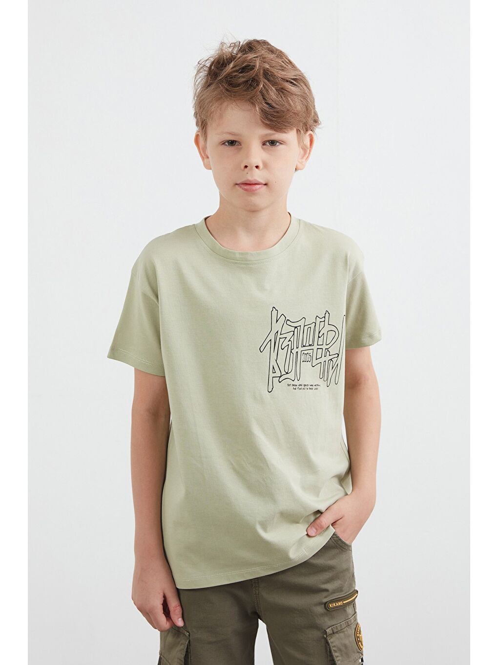 Turkuaz %100 Pamuk Yazı Baskılı Erkek Çocuk Tişört-1