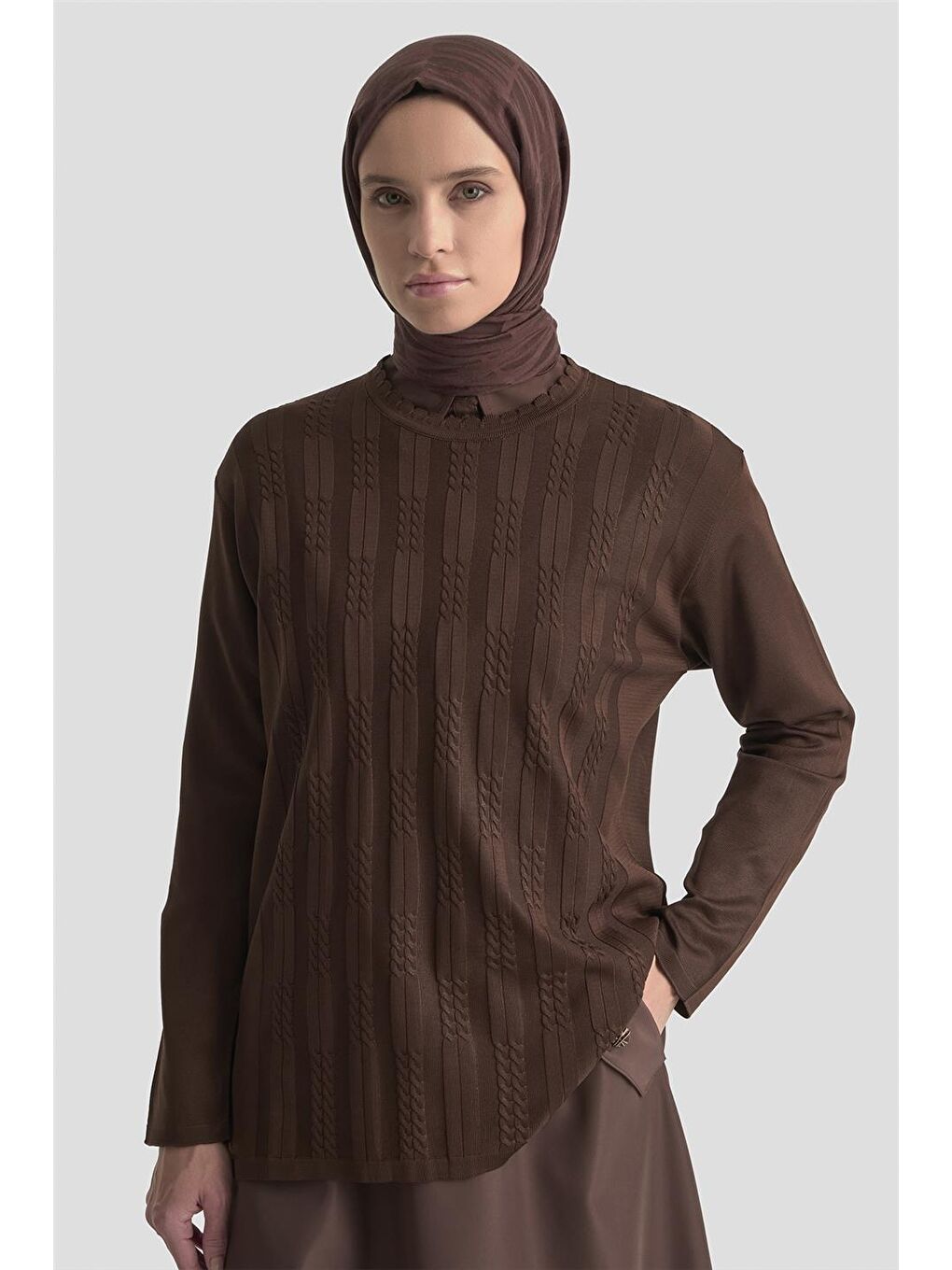 Örgü Desenli Kazak 25Kd7004 Kahverengi-7