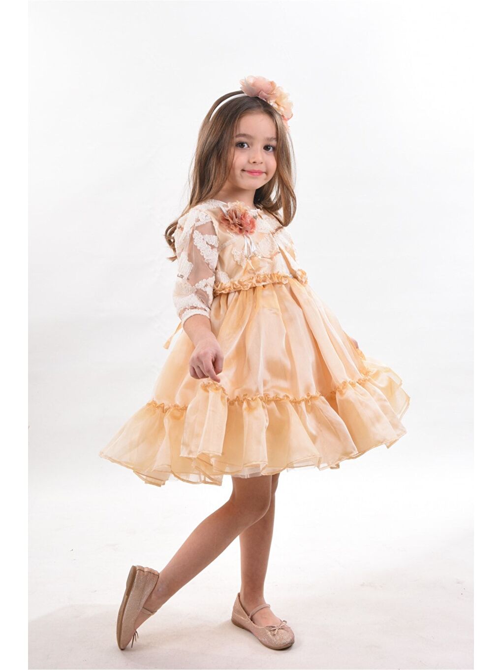 Ekru Özel Tasarım Kız Çocuk Kısa Elbise, Doğum Günü Elbisesi, Çanta Aksesuarlı Abiye Elbise_M2330