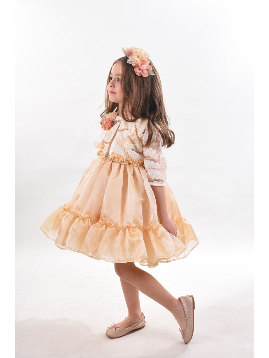 Ekru Özel Tasarım Kız Çocuk Kısa Elbise, Doğum Günü Elbisesi, Çanta Aksesuarlı Abiye Elbise_M2330-1