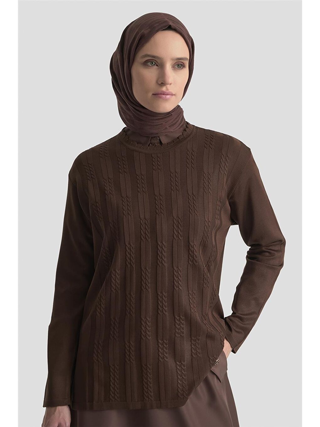 Örgü Desenli Kazak 25Kd7004 Kahverengi-8