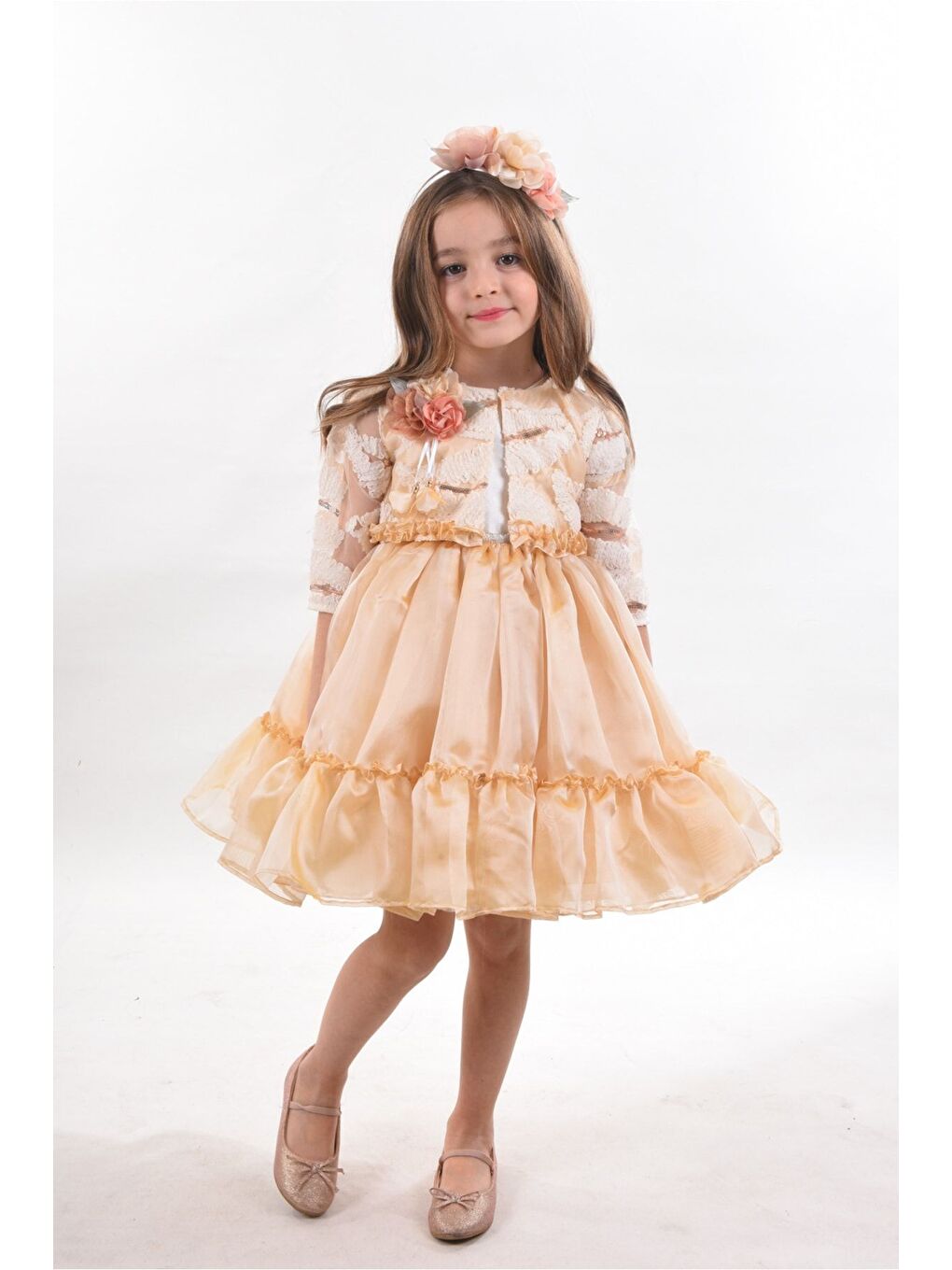 Ekru Özel Tasarım Kız Çocuk Kısa Elbise, Doğum Günü Elbisesi, Çanta Aksesuarlı Abiye Elbise_M2330-2