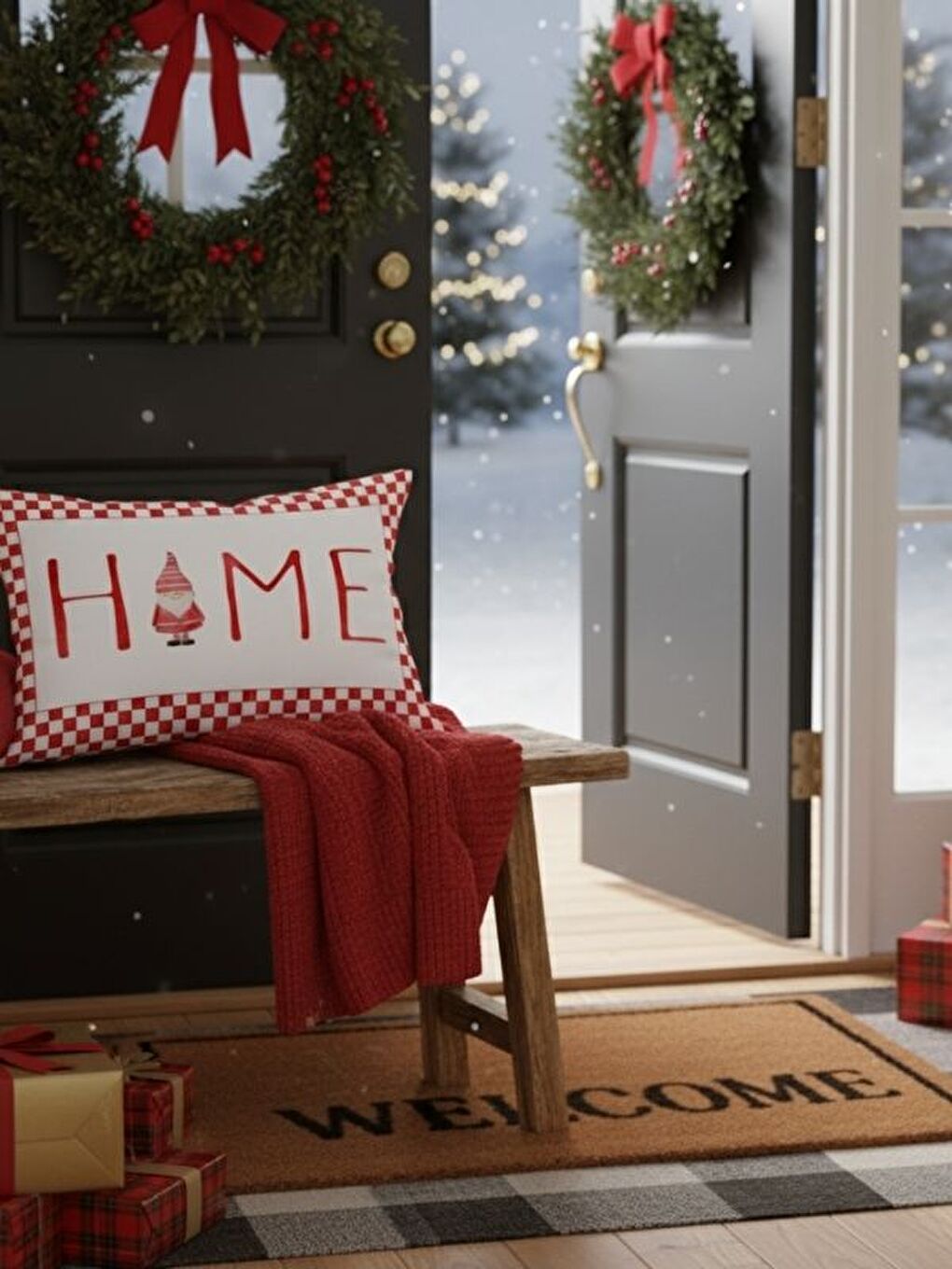 Kırmızı Home Desen Yılbaşı Kadife Dikdörtgen Kırlent Kılıfı 35x55 cm Çift Taraf Baskılı Fermuarlı-2