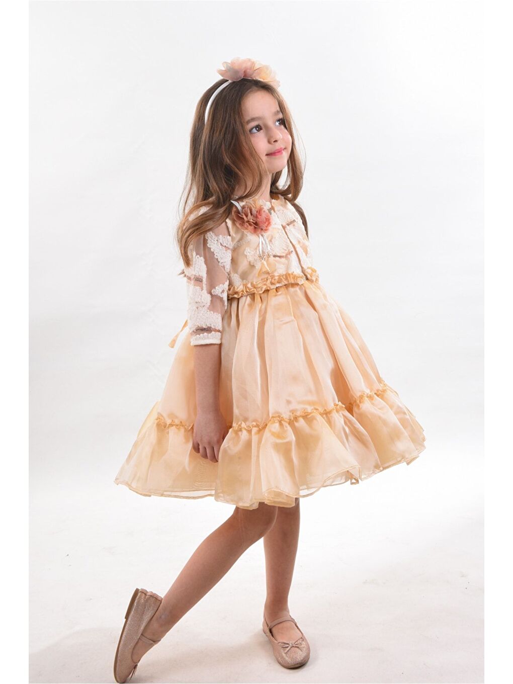 Ekru Özel Tasarım Kız Çocuk Kısa Elbise, Doğum Günü Elbisesi, Çanta Aksesuarlı Abiye Elbise_M2330-3