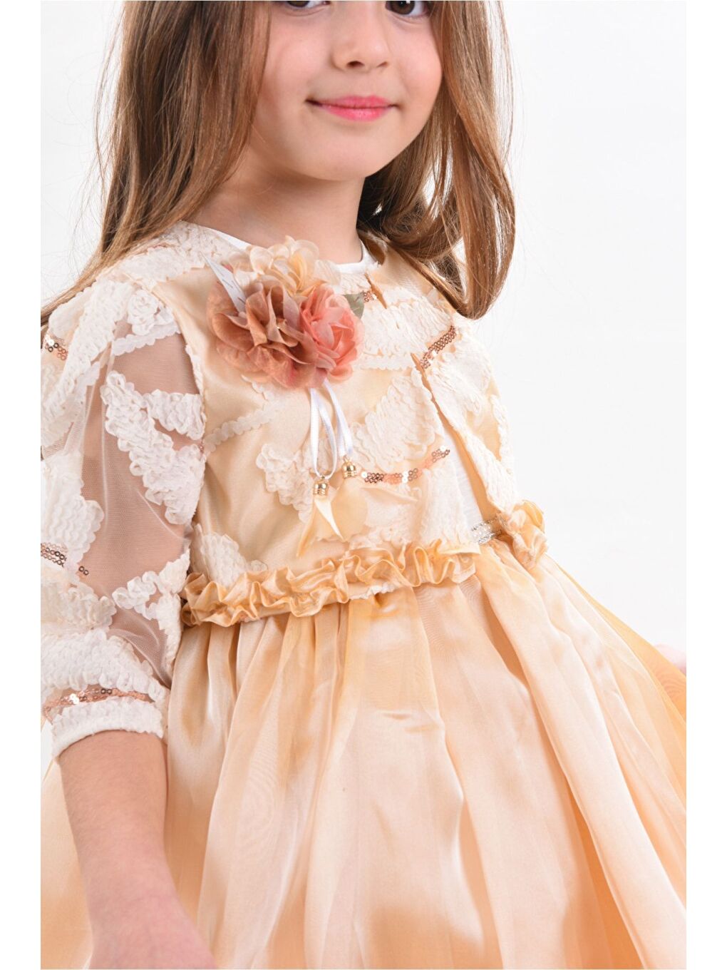 Ekru Özel Tasarım Kız Çocuk Kısa Elbise, Doğum Günü Elbisesi, Çanta Aksesuarlı Abiye Elbise_M2330-4