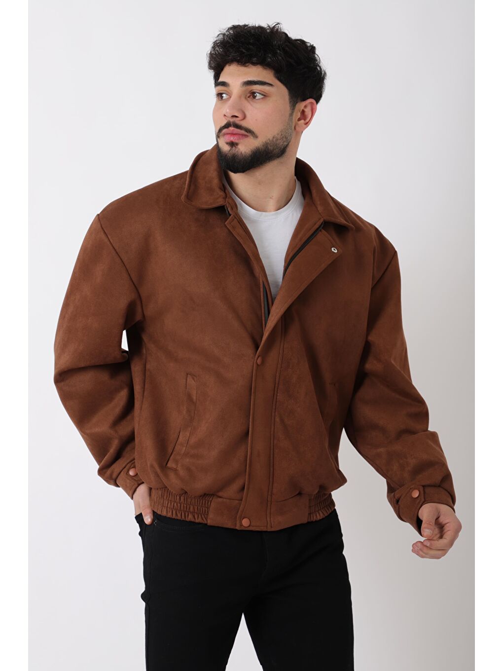 Kahverengi Yakalı Bel Lastikli Süet Mevsimlik Yağlı Görünümlü Mont BL 1808_60322-1