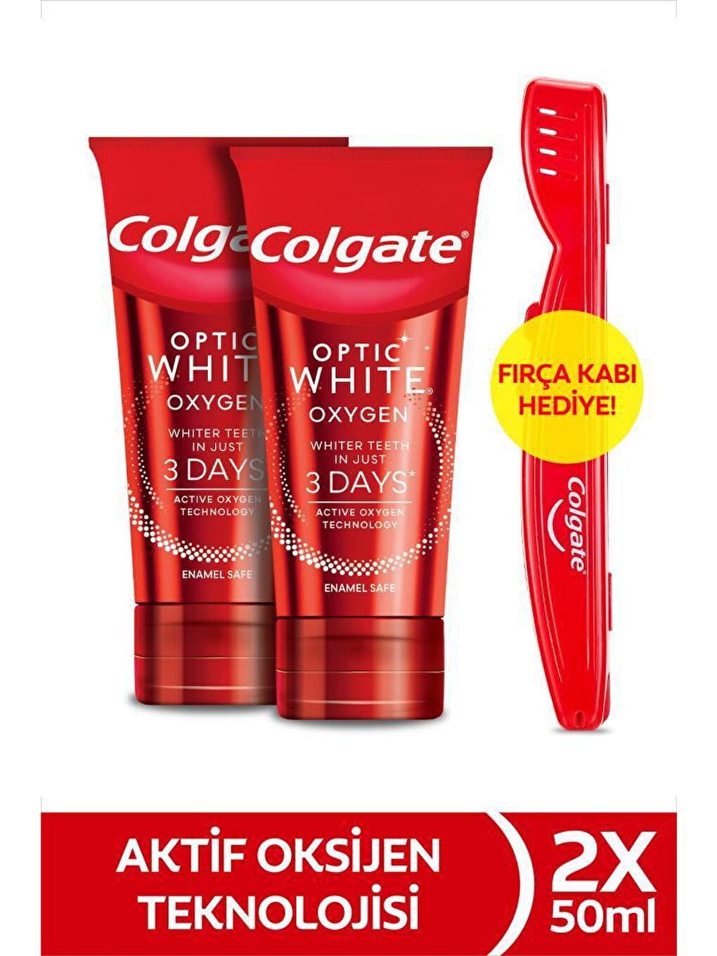 Colgate Kırmızı Optic White Oxygen Aktif Oksijen Teknolojisi Beyazlatıcı Diş Macunu 50 ml x2 + Fırça Kabı