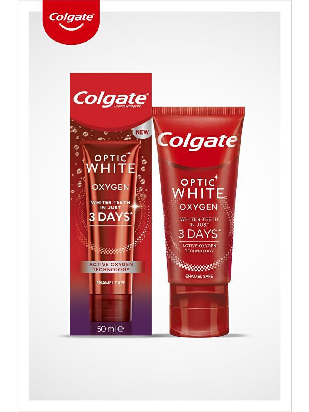 Colgate Kırmızı Optic White Oxygen Aktif Oksijen Teknolojisi Beyazlatıcı Diş Macunu 50 ml x2 + Fırça Kabı - 1