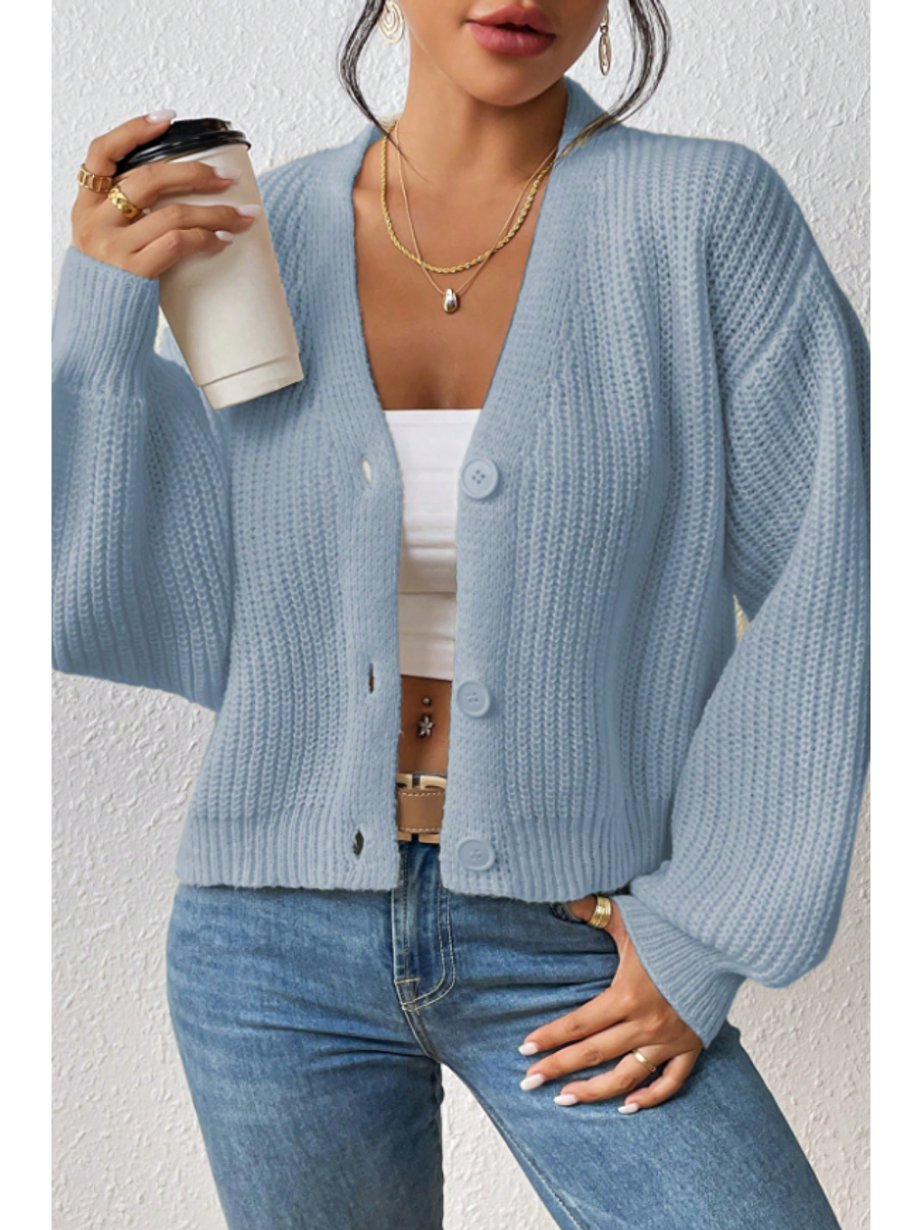 Kadın Bebe Mavisi V Yaka  Uzun Kollu Düğmeli Triko Hırka