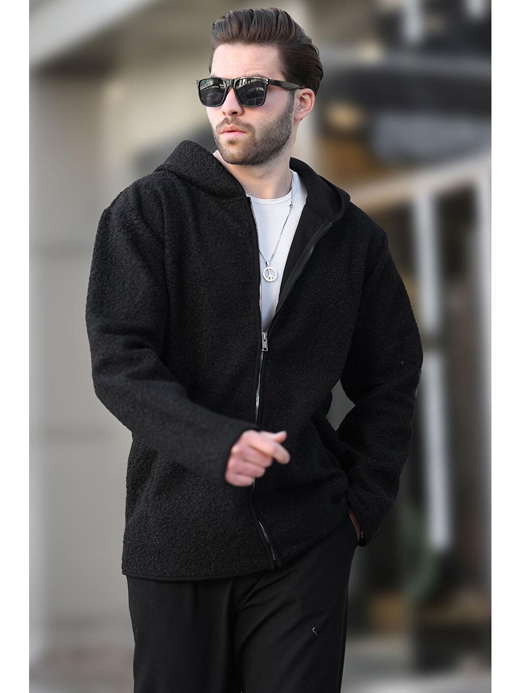 Siyah Fermuarlı Pelüş Erkek Hırka E7080-1