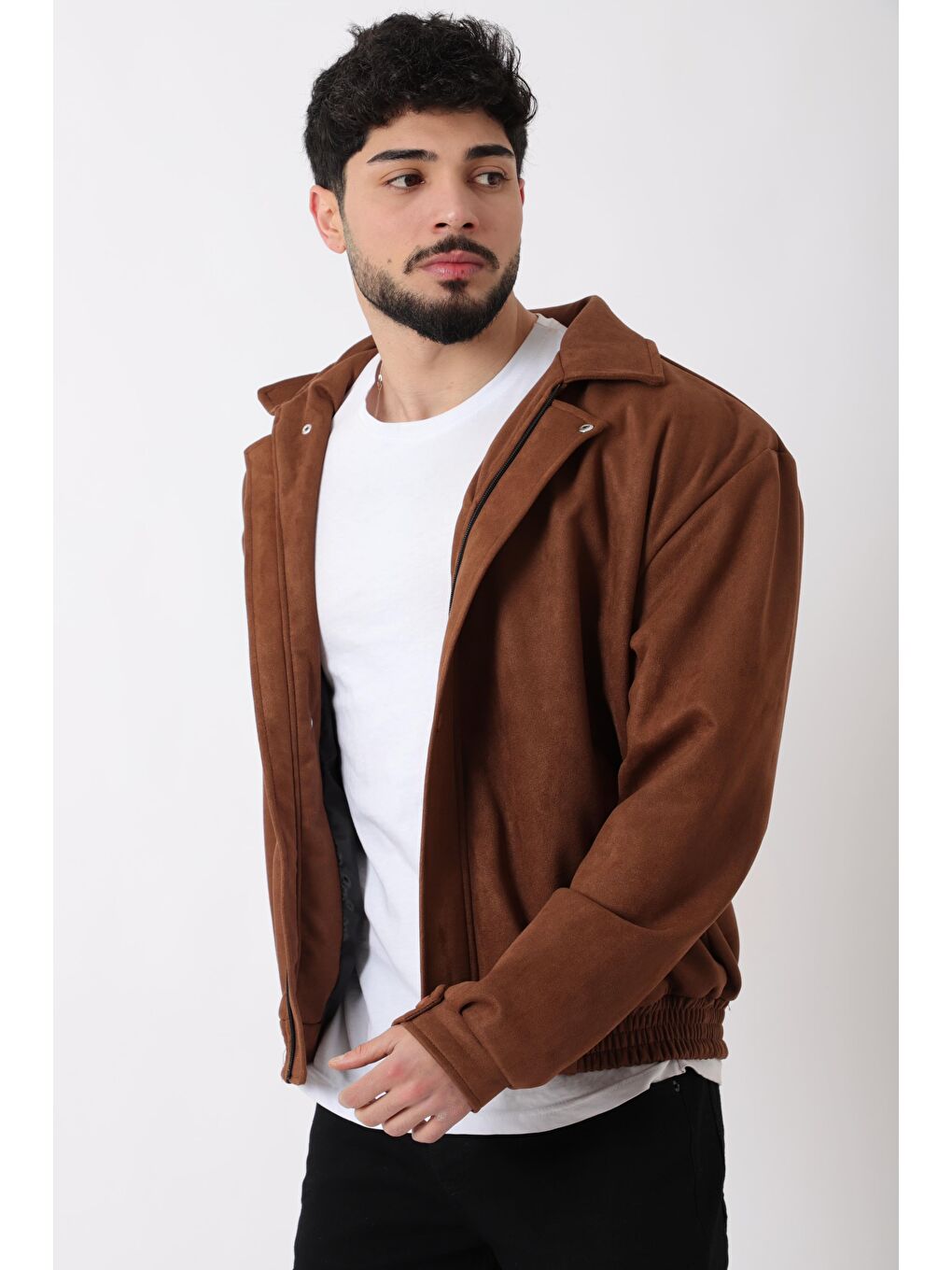 Kahverengi Yakalı Bel Lastikli Süet Mevsimlik Yağlı Görünümlü Mont BL 1808_60322-2