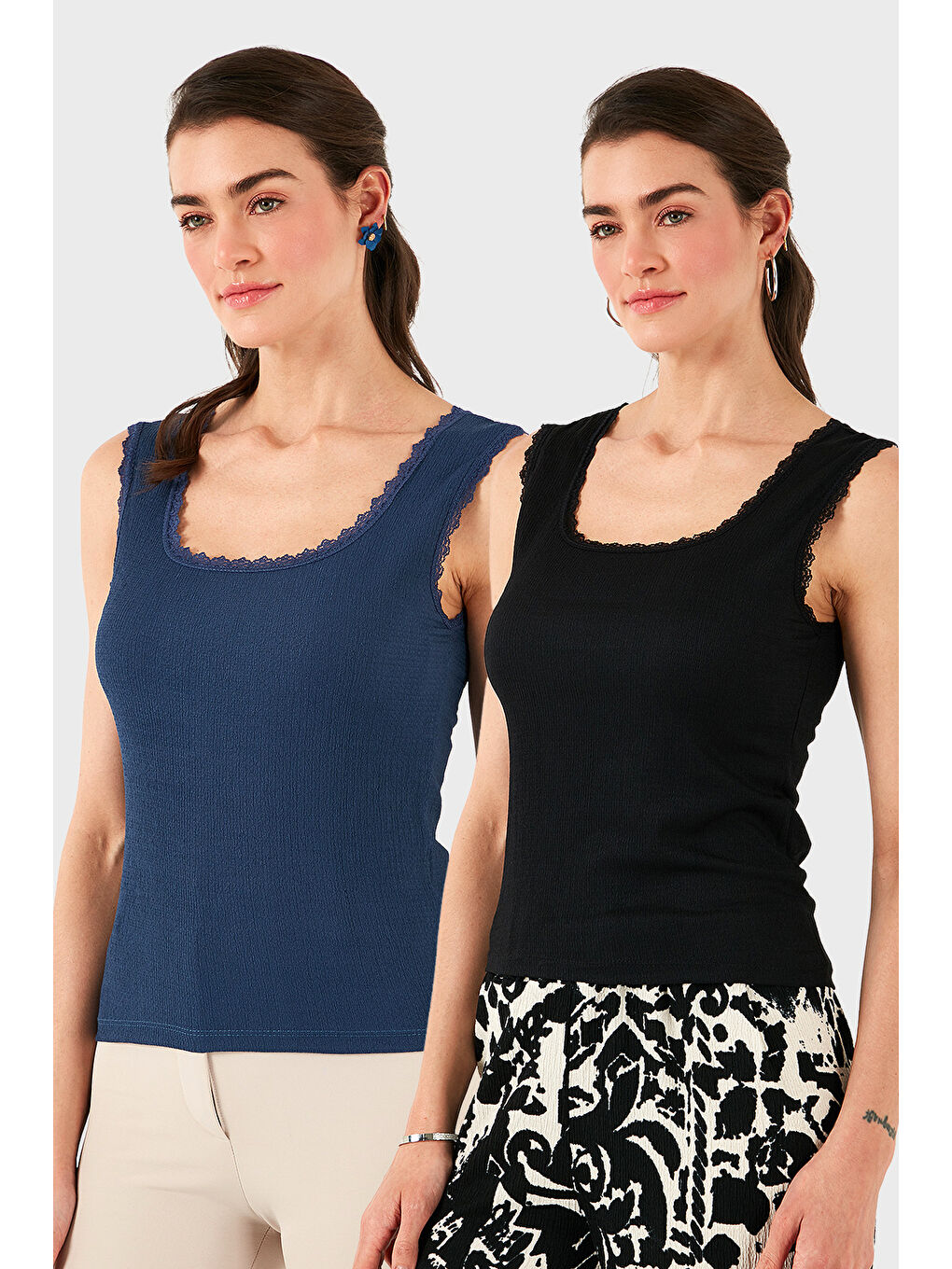 Siyah Slim Fit Kalın Dantelli Kare Yaka Bürümcük 2'li Paket Atlet 5864979S2