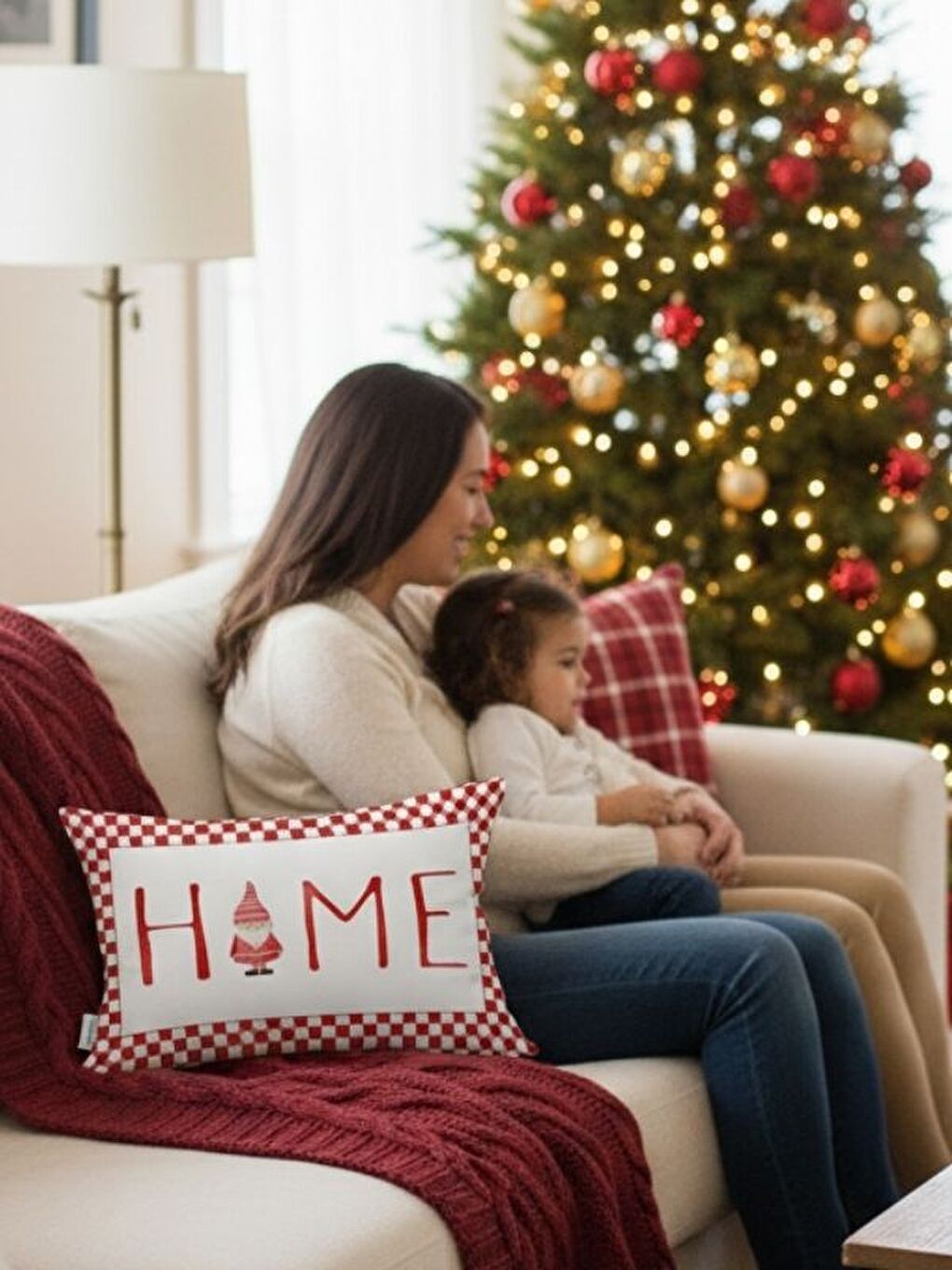 Kırmızı Home Desen Yılbaşı Kadife Dikdörtgen Kırlent Kılıfı 35x55 cm Çift Taraf Baskılı Fermuarlı-3