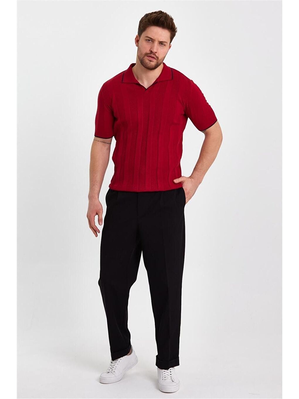 Koyu Kırmızı Erkek Polo Yaka Çizgili Triko Tişört TRZ19109R02S-3