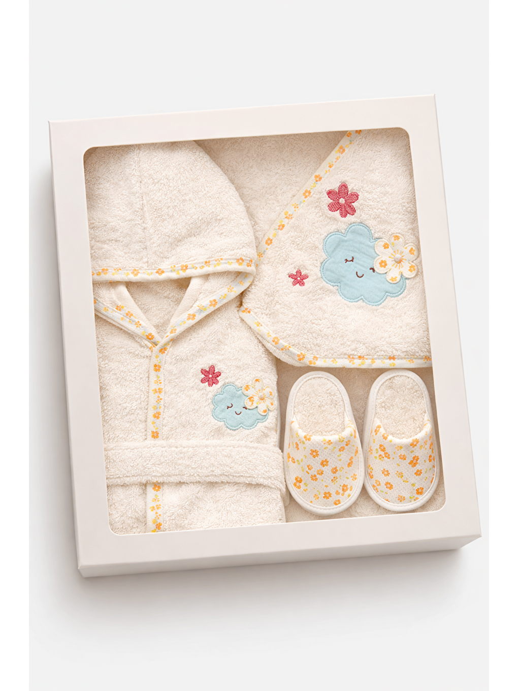 Beyaz Kız Bebek Bulutlu 3 Parça Havlu Bornoz Seti Lüx Kutulu-1