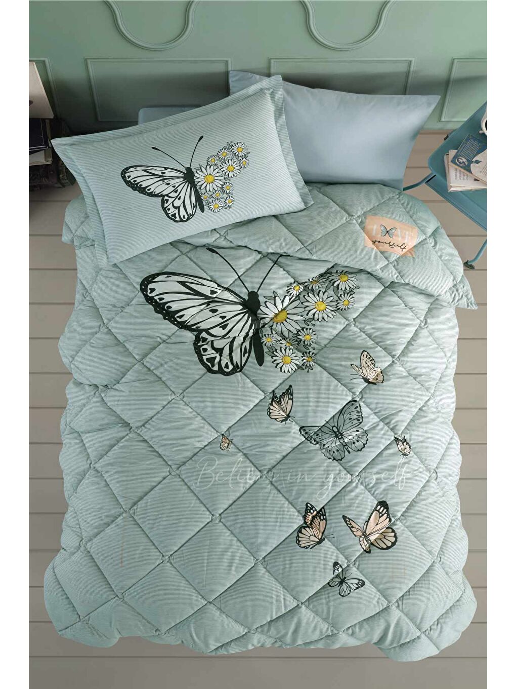Yeşil Ranforce %100 Pamuk Tek Kişilik Uyku Seti Daisy Love V1