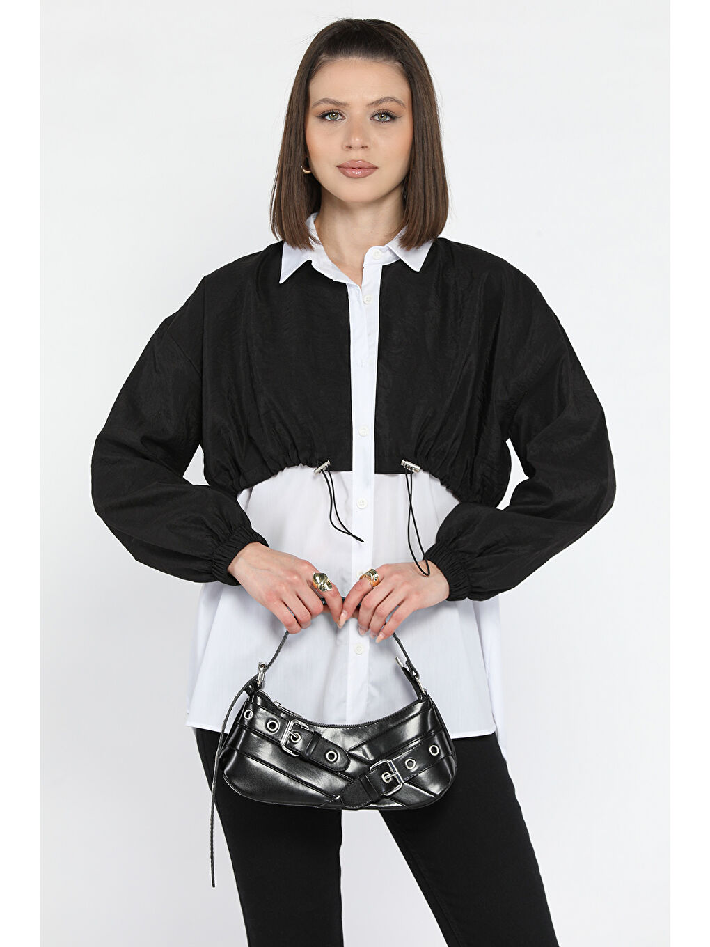 Siyah Bel Büzgülü Kadın Paraşüt Garnili Gömlek-1